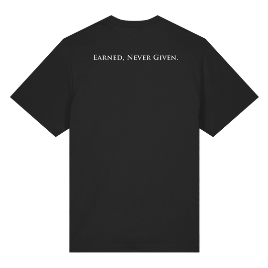 L-PIRE statement tee – Earned Never Given back print.
