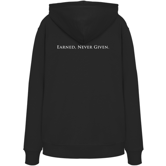 L-PIRE statement hoodie – Earned Never Given back print.

