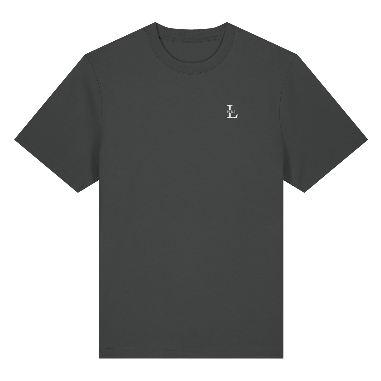 L-PIRE minimalist tee with embroidered logo on chest, premium organic cotton.
