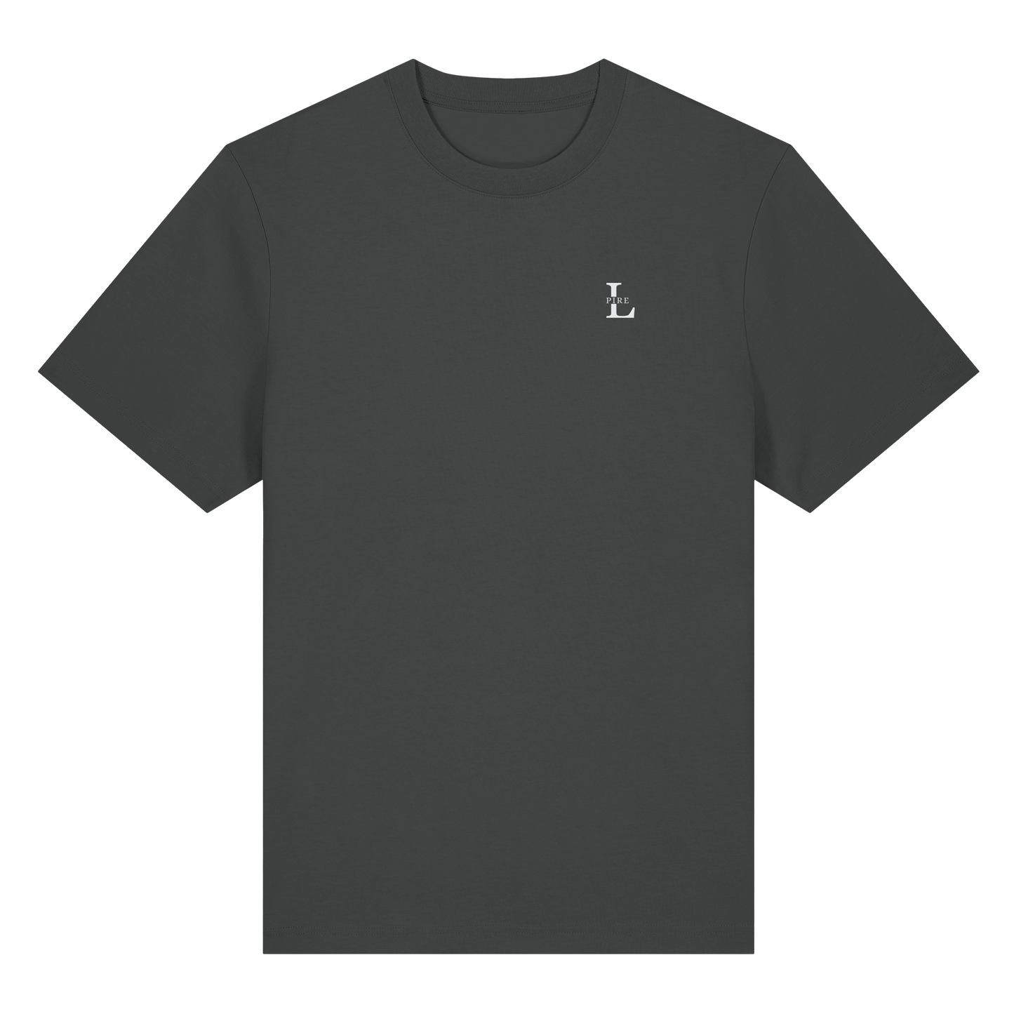 L-PIRE minimalist tee with embroidered logo on chest, premium organic cotton.
