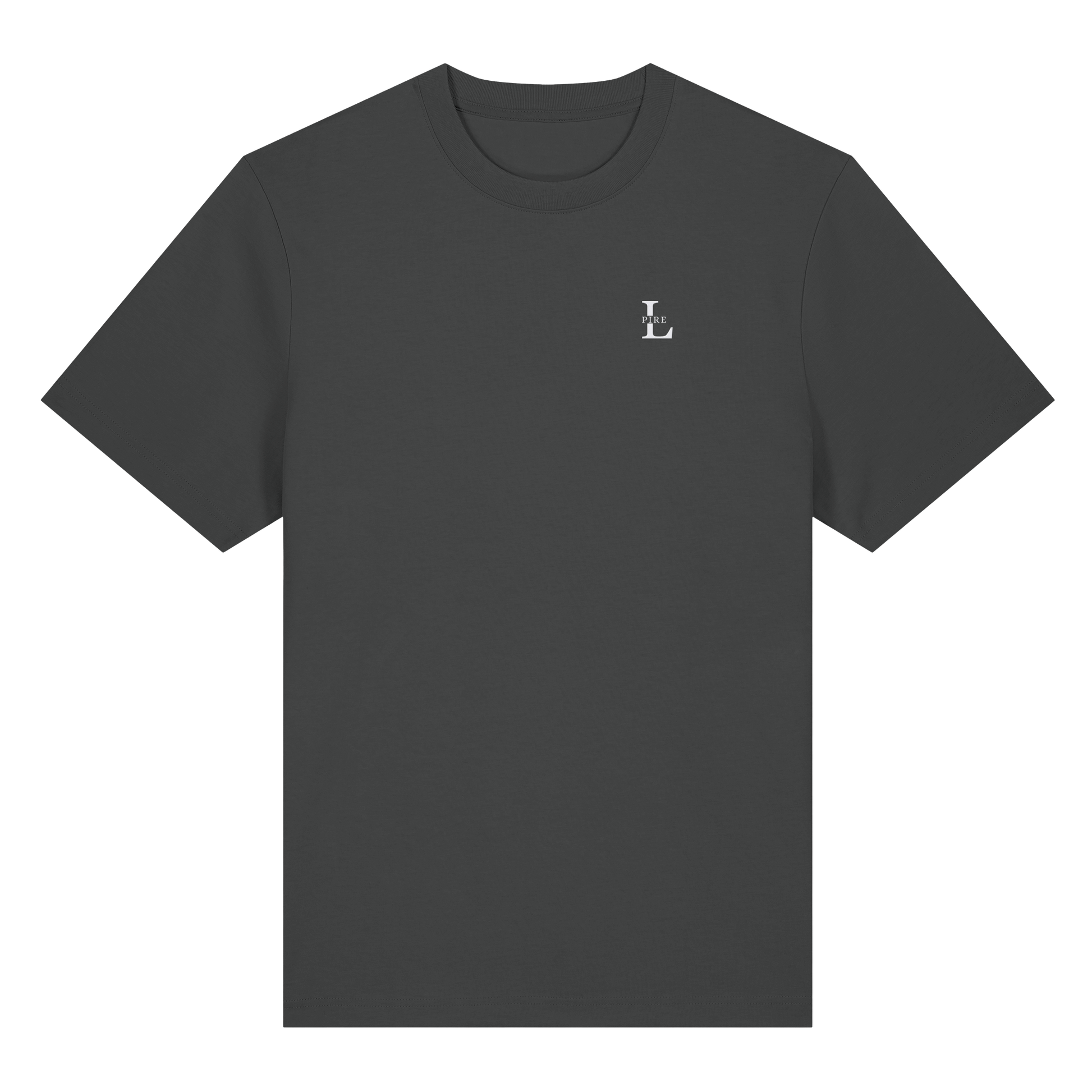 L-PIRE minimalist tee with embroidered logo on chest, premium organic cotton.
