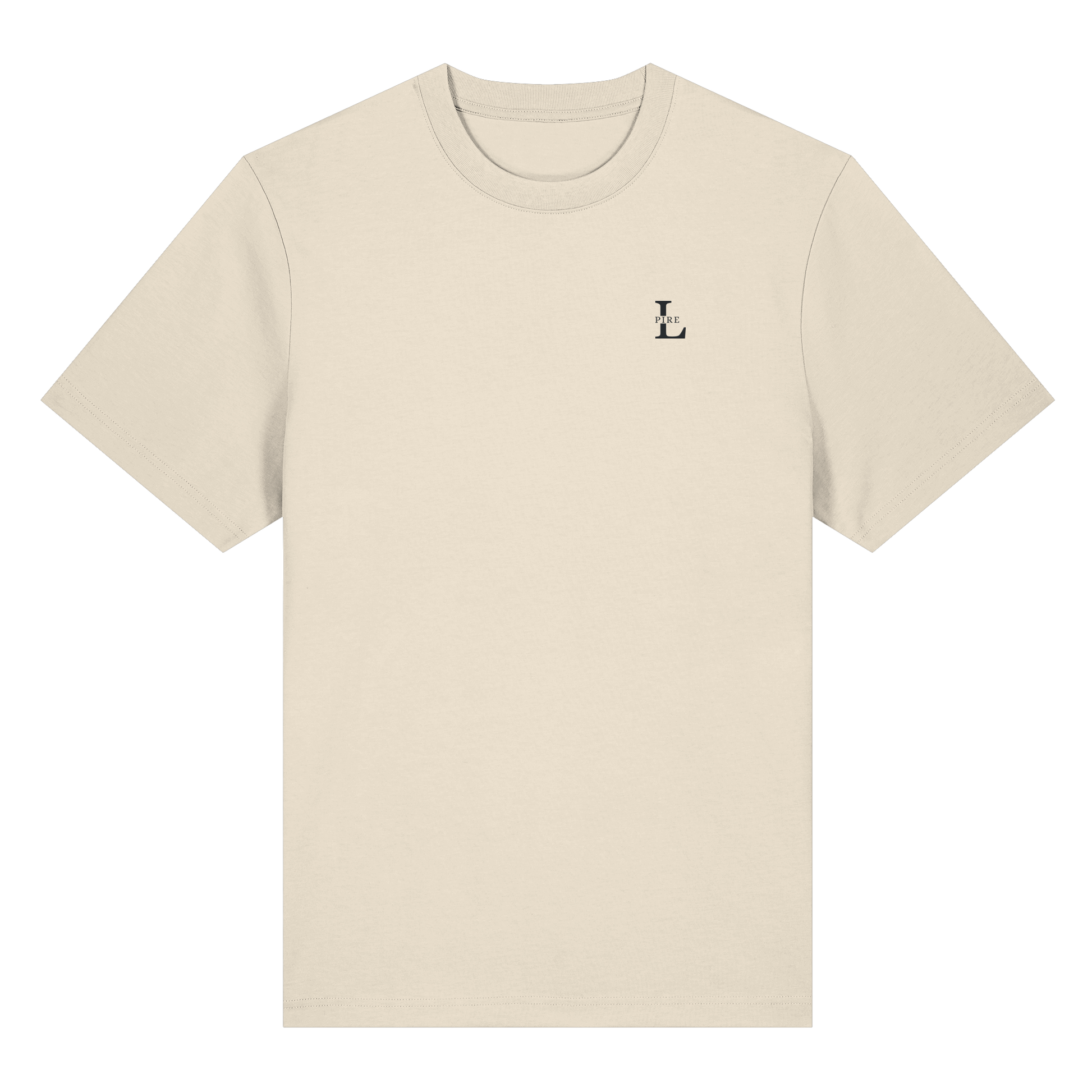 LPire minimalist tee with embroidered logo on chest, premium organic cotton.
