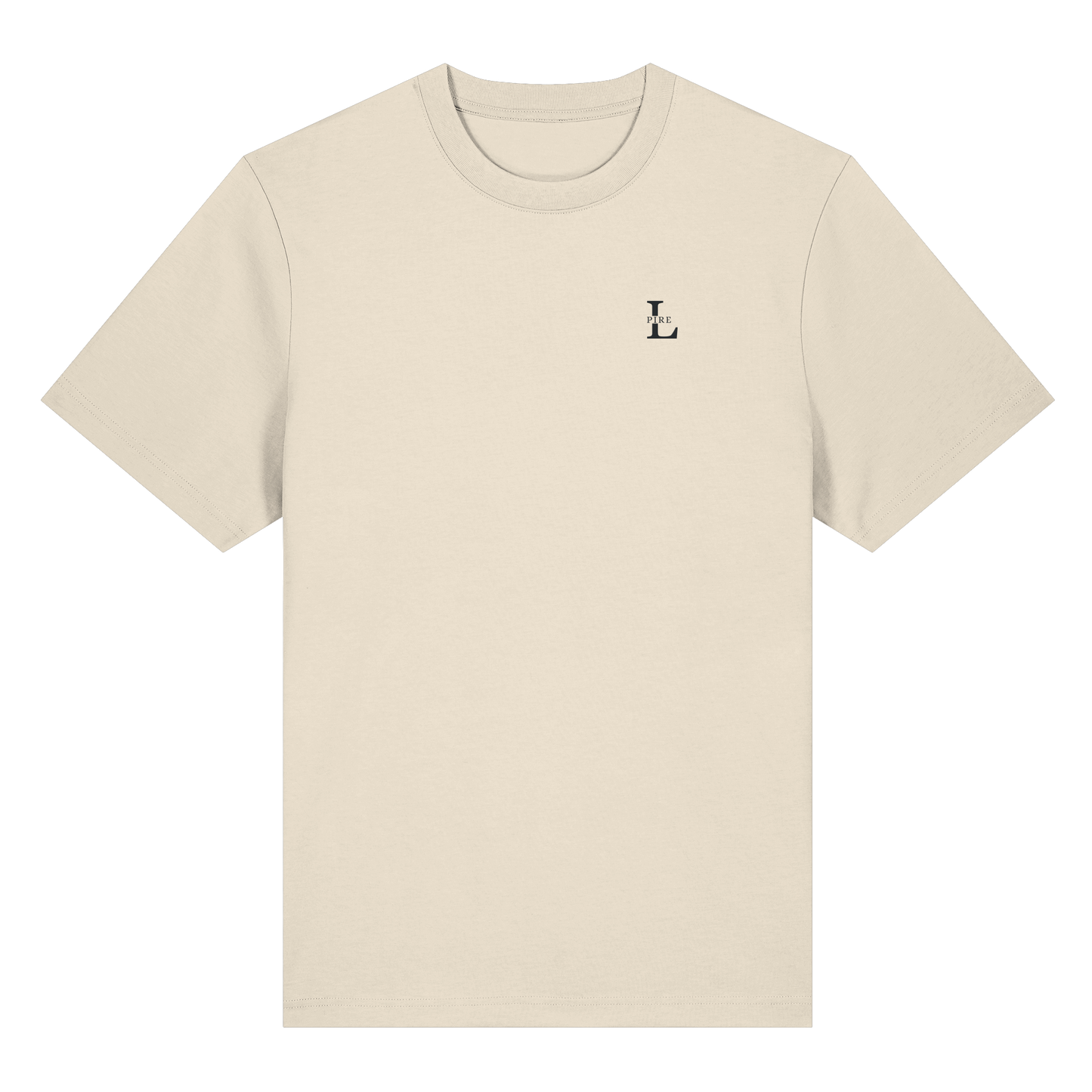L-PIRE minimalist tee with embroidered logo on chest, premium organic cotton.
