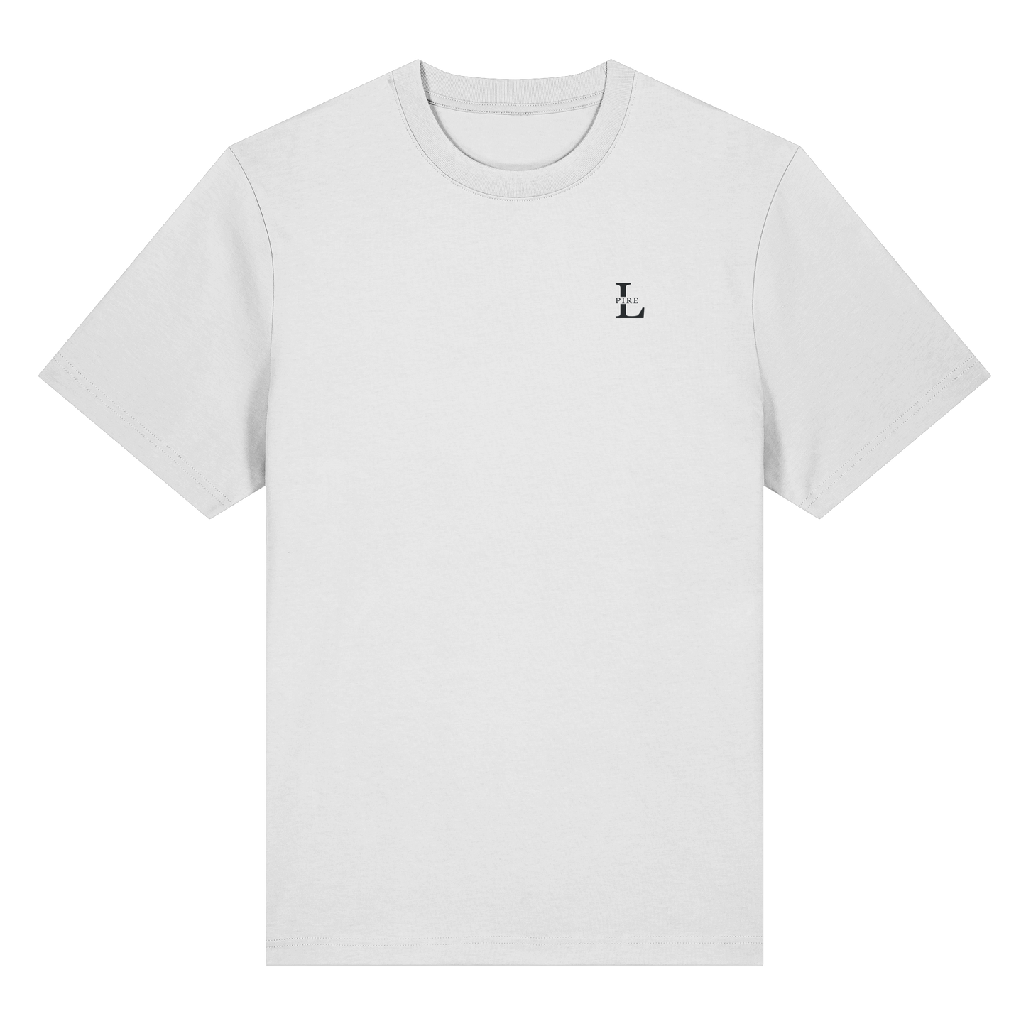 L-PIRE minimalist tee with embroidered logo on chest, premium organic cotton.
