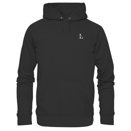 L Pire hoodie with embroidered chest logo, minimalist streetwear style.
