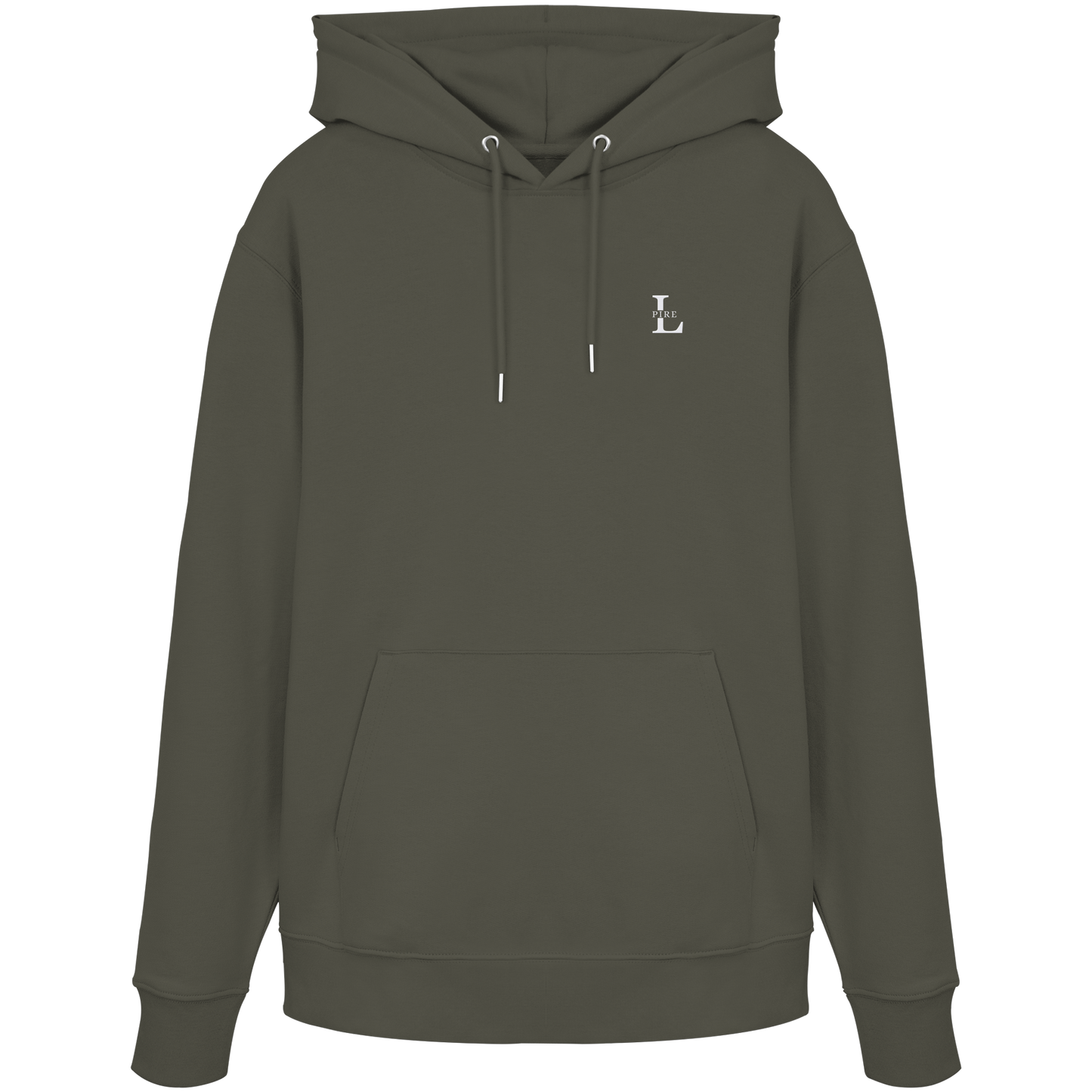 L-PIRE minimalist hoodie with embroidered logo on chest, premium organic cotton.
