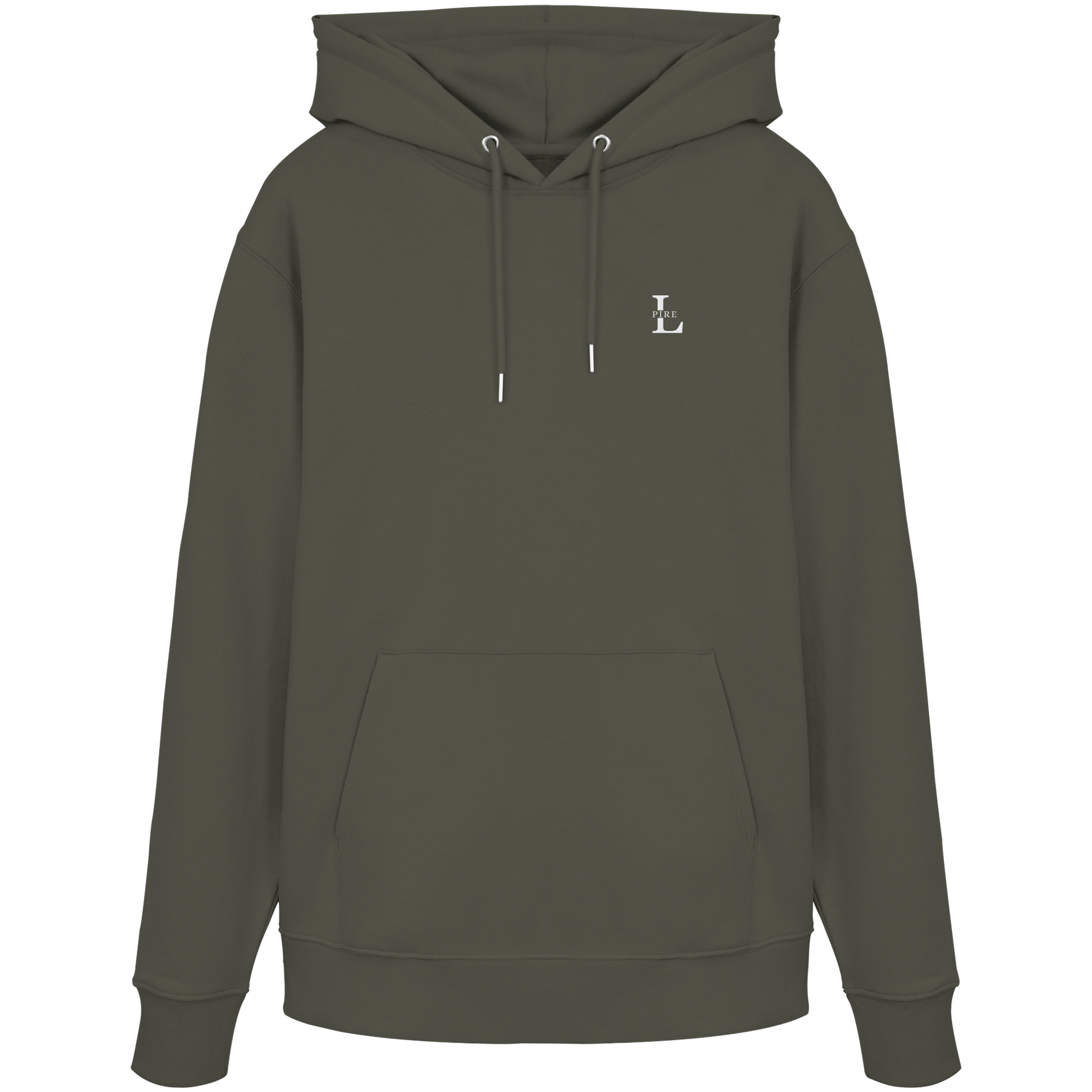 L-PIRE minimalist hoodie with embroidered logo on chest, premium organic cotton.
