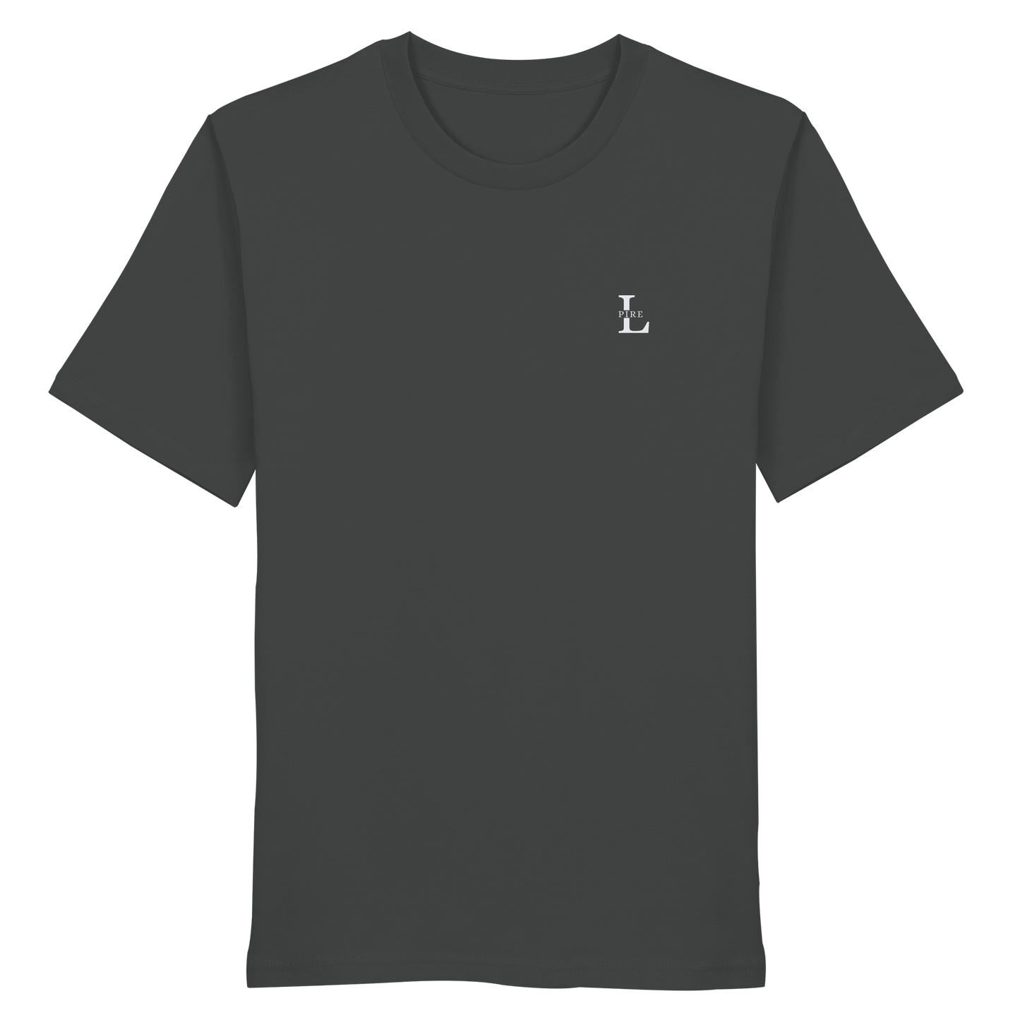 LPire minimalist tee with embroidered logo on chest, premium organic cotton.
