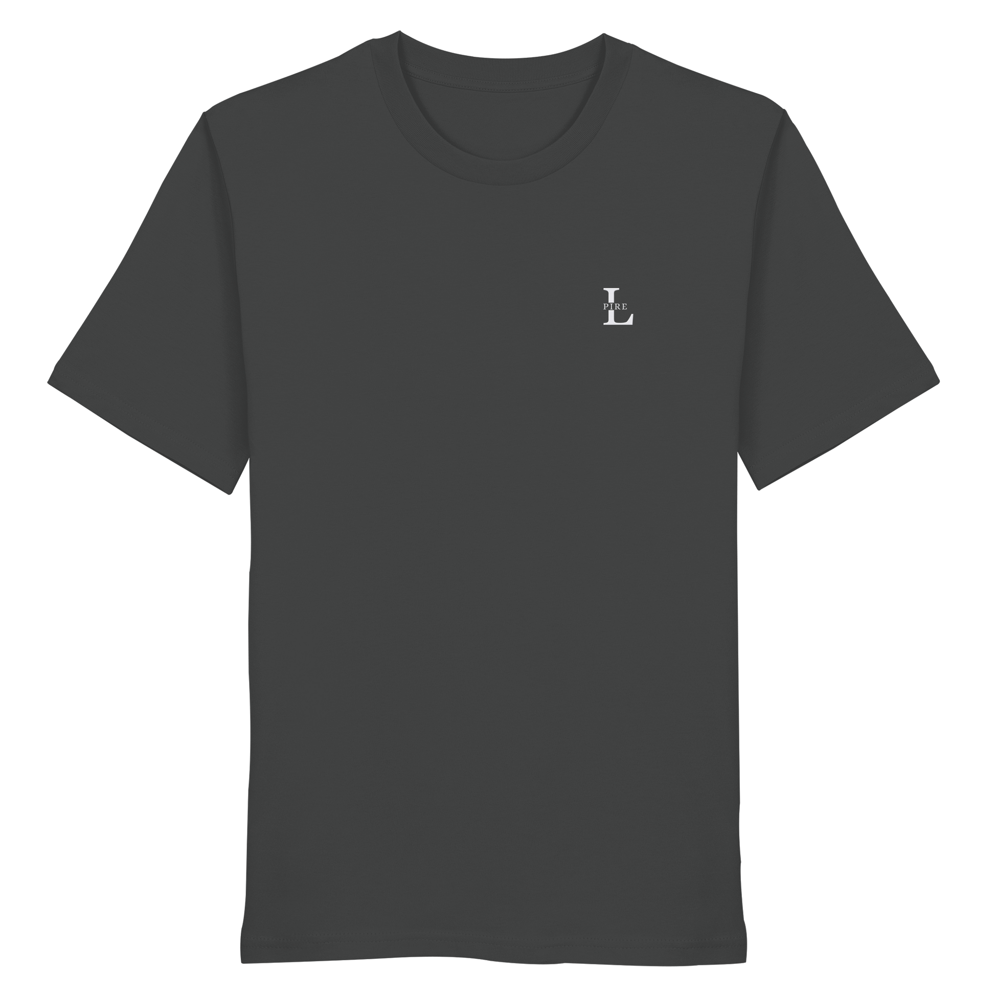 LPire minimalist tee with embroidered logo on chest, premium organic cotton.
