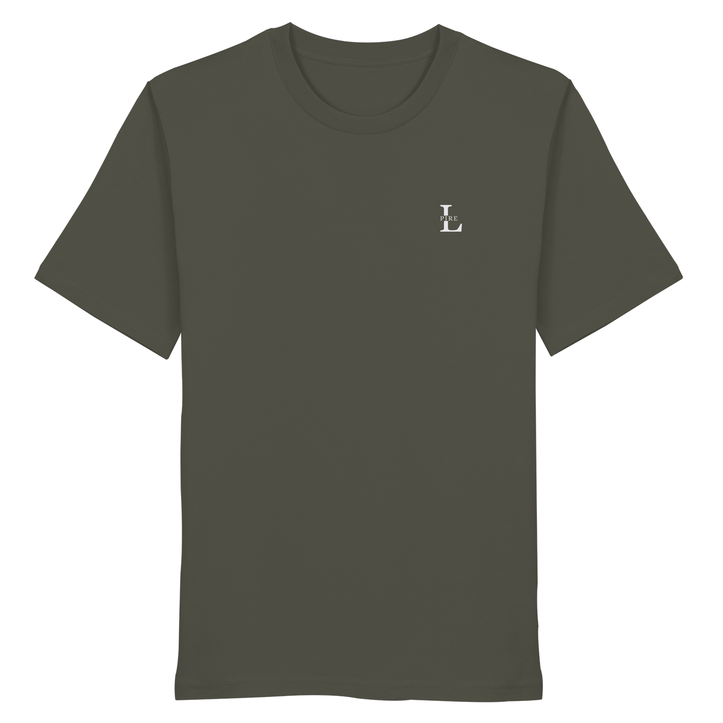 LPire minimalist tee with embroidered logo on chest, premium organic cotton.
