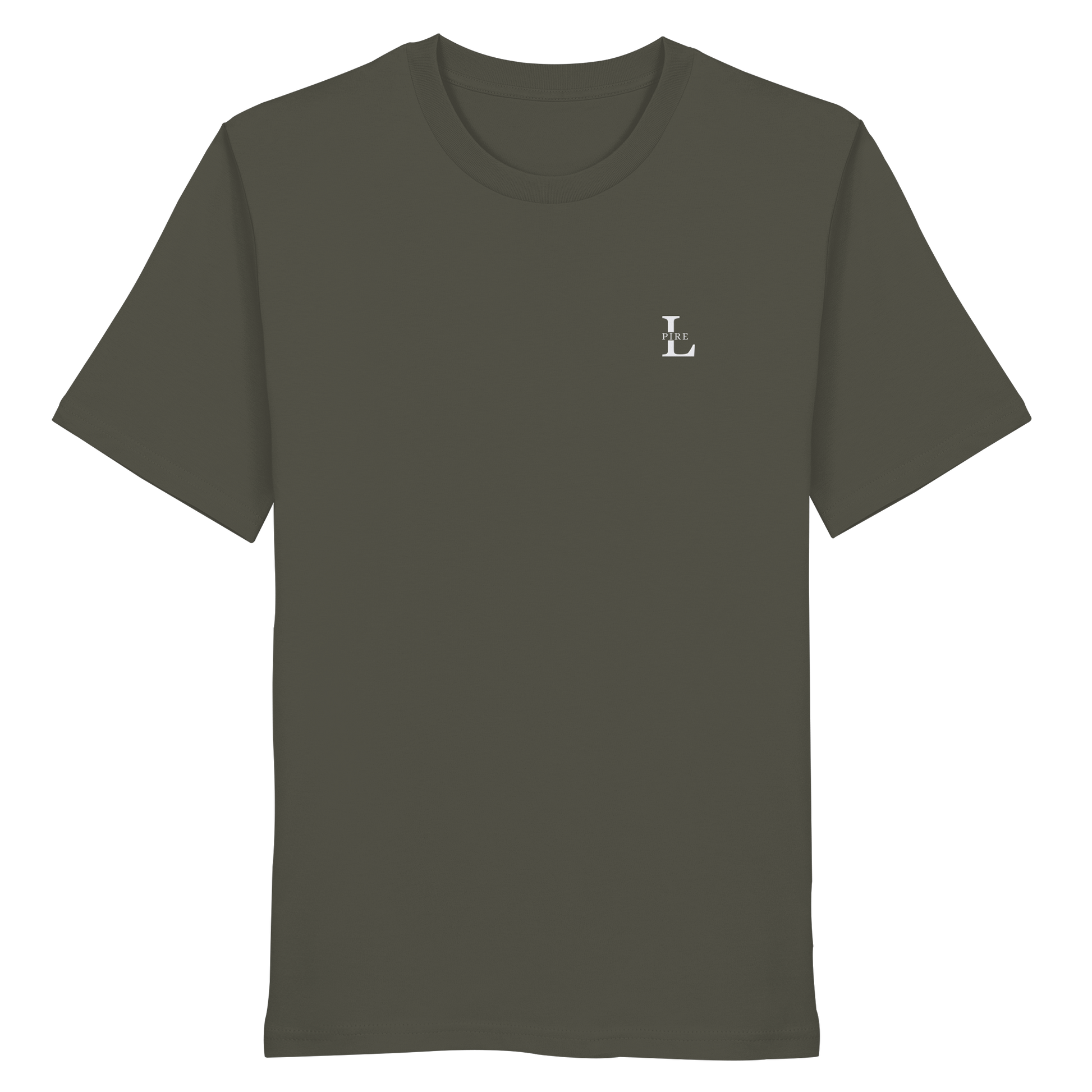L-PIRE minimalist tee with embroidered logo on chest, premium organic cotton.
