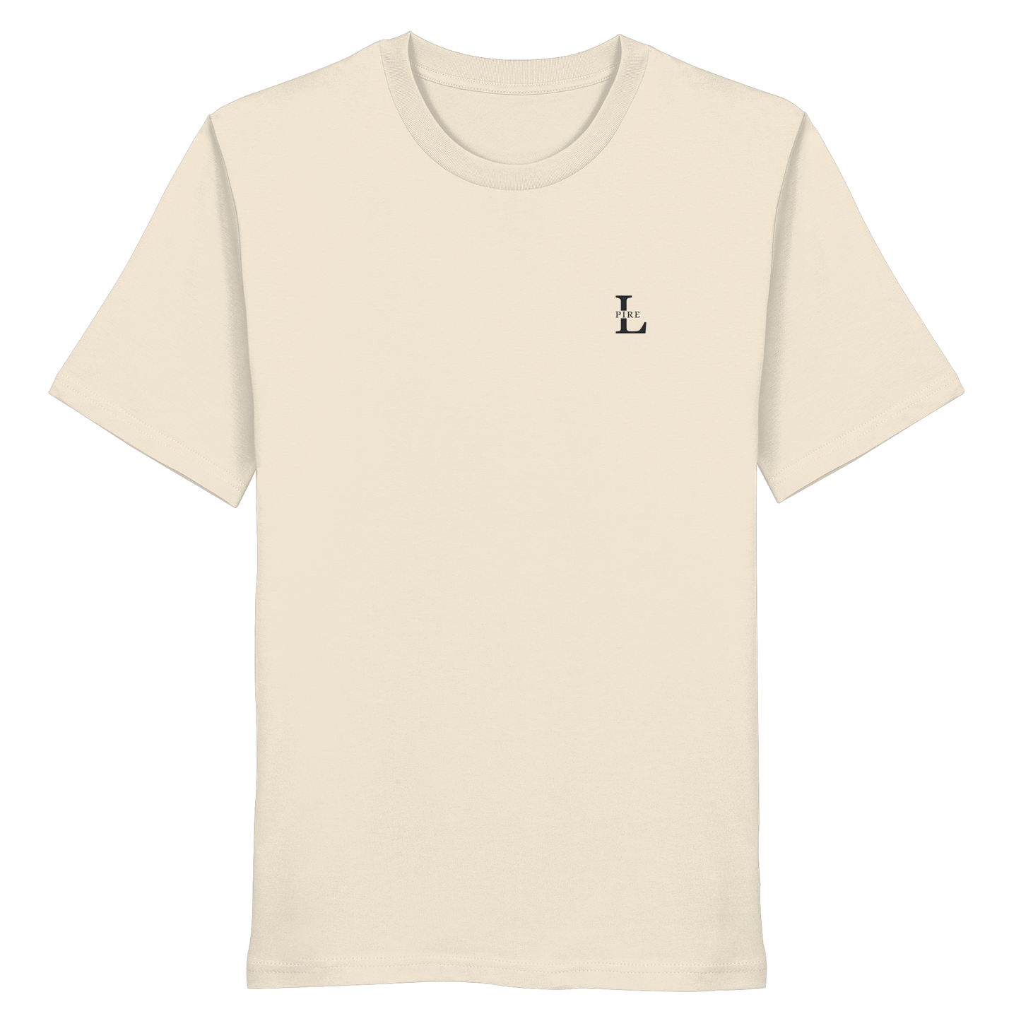 LPire minimalist tee with embroidered logo on chest, premium organic cotton.
