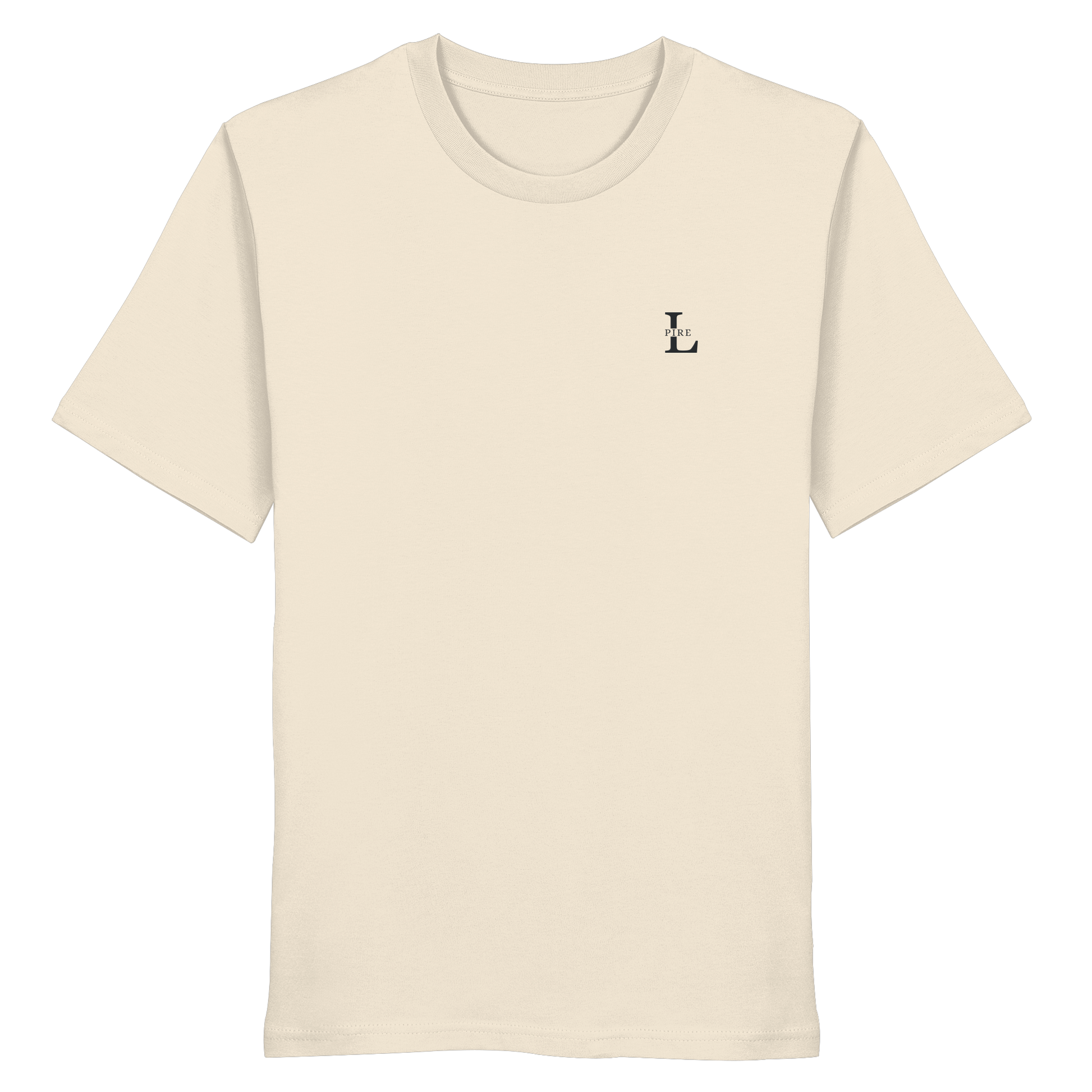 LPire minimalist tee with embroidered logo on chest, premium organic cotton.
