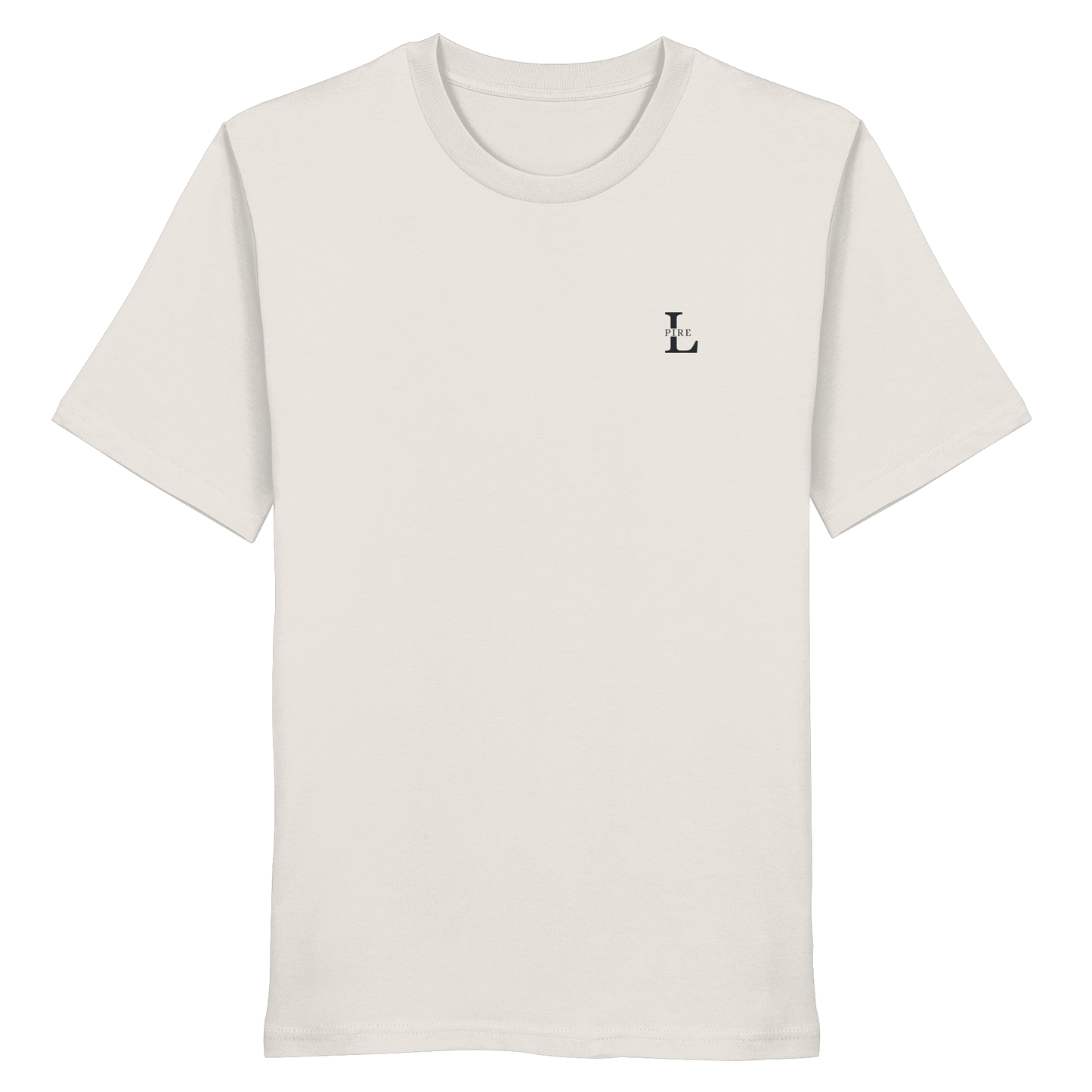 L-PIRE minimalist tee with embroidered logo on chest, premium organic cotton.
