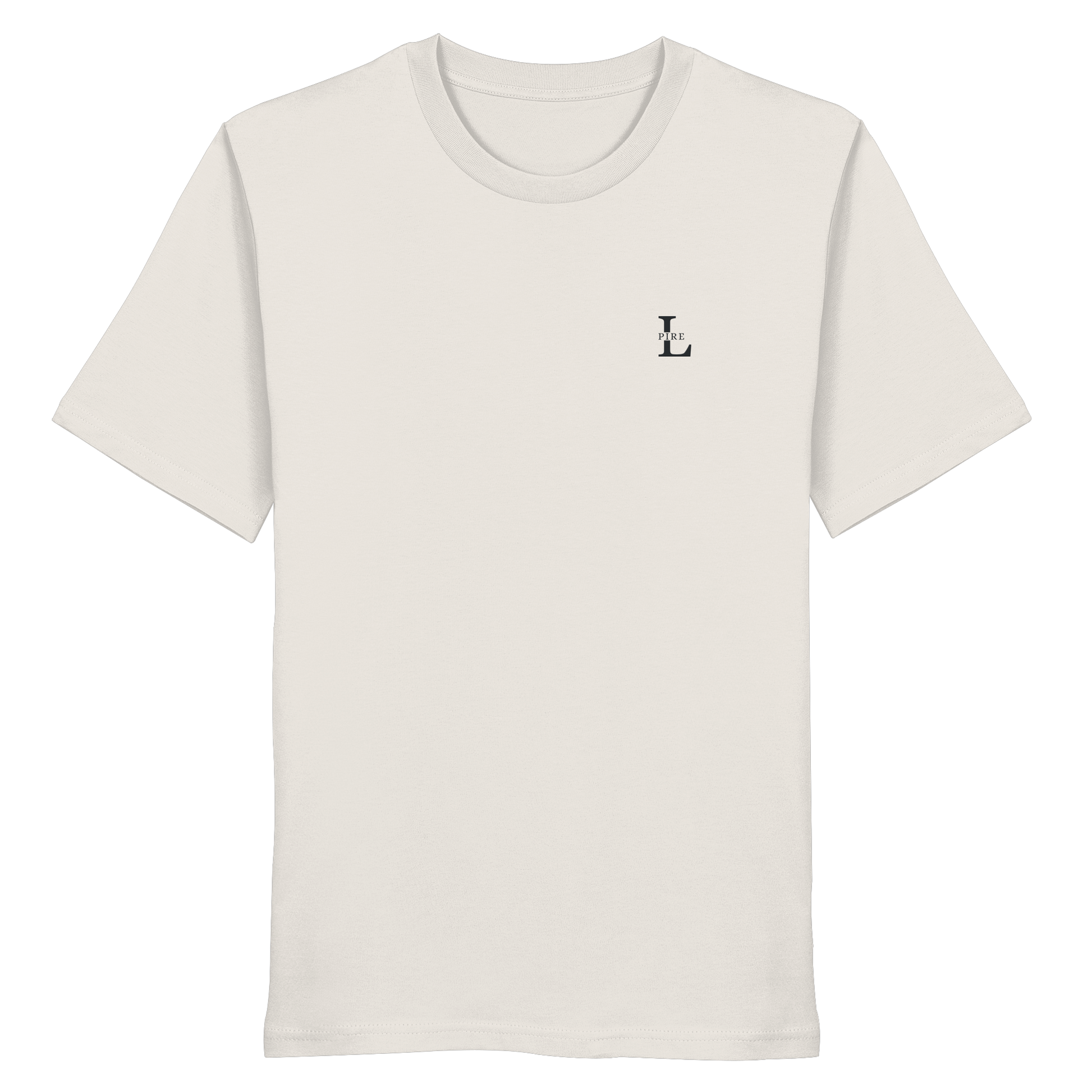 L-PIRE minimalist tee with embroidered logo on chest, premium organic cotton.
